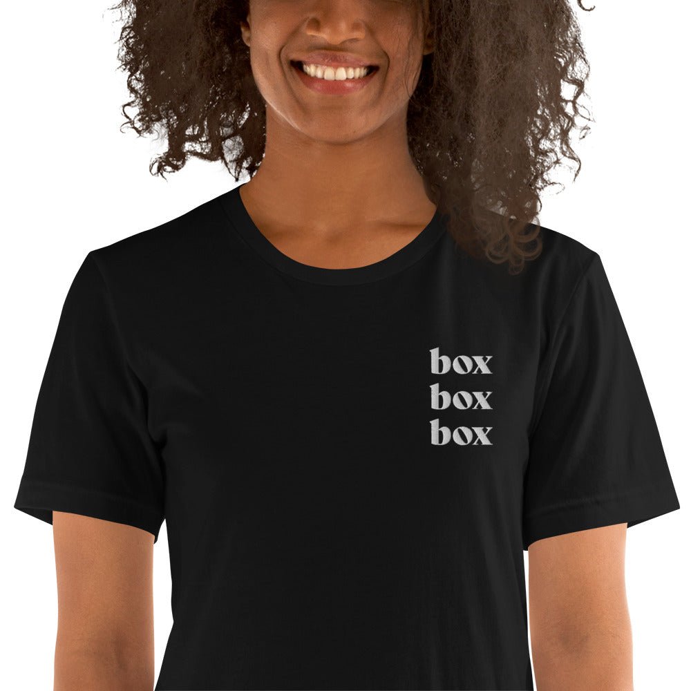 Box Box Box Embroidered Shirt (white text) - twogirls1formula