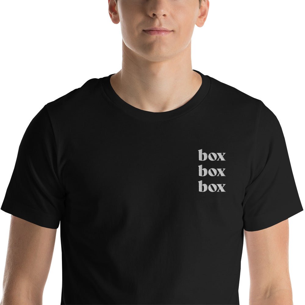 Box Box Box Embroidered Shirt (white text) - twogirls1formula